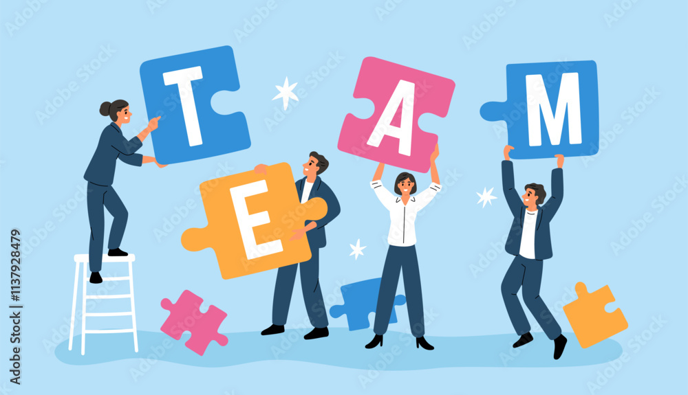 Office staff assemble puzzle. Well coordinated teamwork. Employees solving common problem. Business people working together. Collogues cooperation. Team building. Garish vector concept Office staff assemble puzzle. Well coordinated teamwork. Employees solving common problem. Business people working together. Collogues cooperation. Team building. Garish vector concept