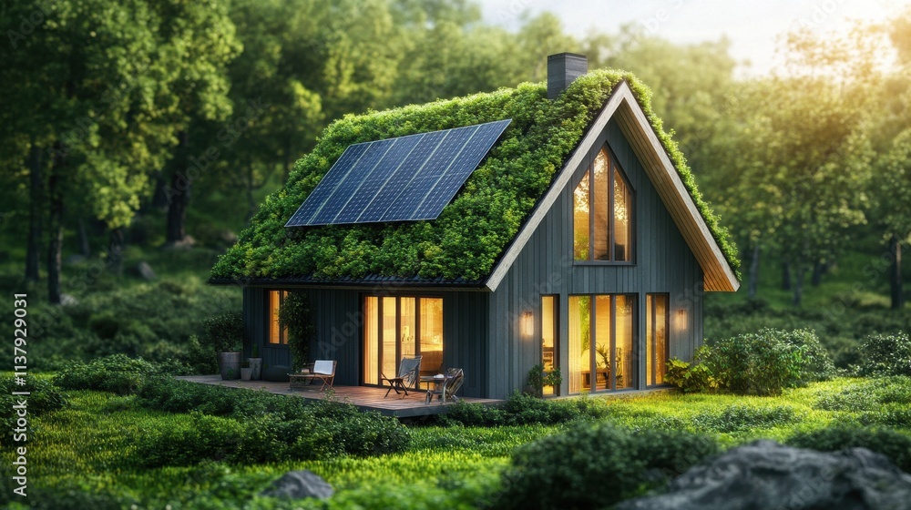 Eco-friendly modern cabin nestled in lush forest with solar panels and green roof. Eco-friendly modern cabin nestled in lush forest with solar panels and green roof.