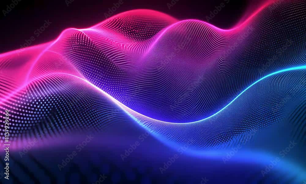 Abstract wave of glowing particles, blue and pink neon light, digital art. Abstract wave of glowing particles, blue and pink neon light, digital art.
