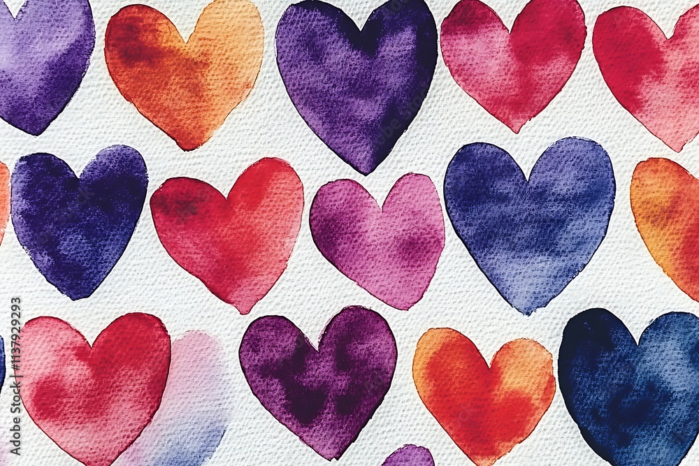 Obraz premium An artistic Valentine's Day postcard showcasing a watercolor splash of colorful hearts blending seamlessly into the white background. The hearts are painted in vibrant shades of red, pink, purple, 