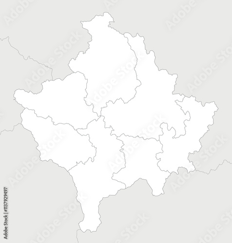 Vector regional blank map of Kosovo with districts and administrative divisions, and neighbouring countries and territories. Editable and clearly labeled layers.