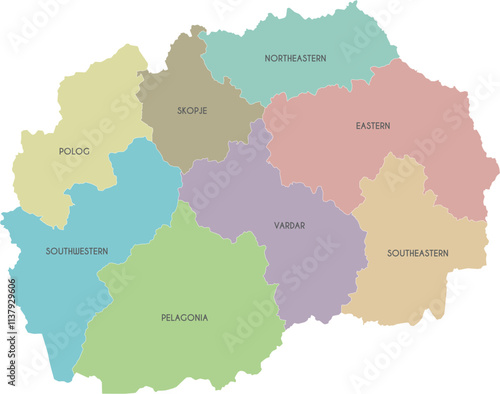 Vector map of North Macedonia with statistical regions or territories and administrative divisions. Editable and clearly labeled layers.