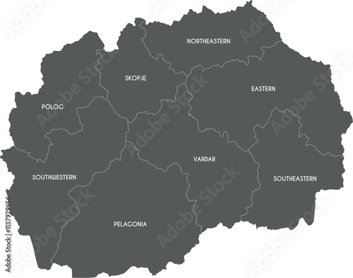 Vector map of North Macedonia with statistical regions or territories and administrative divisions. Editable and clearly labeled layers.