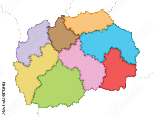 Vector illustrated blank map of North Macedonia with statistical regions and administrative divisions, and neighbouring countries and territories. Editable and clearly labeled layers.