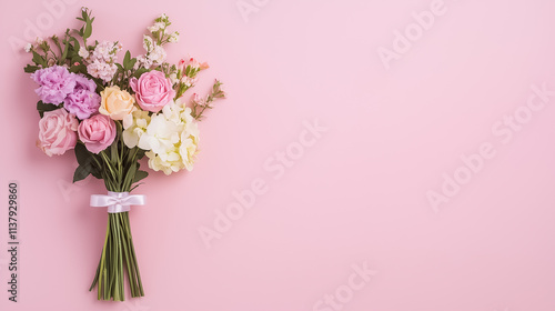 Delicate pastel blooms create a stunning bouquet, perfect for any special occasion, resting on a light pink background.