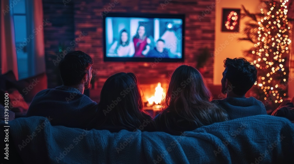 Friends enjoyed a movie night by the fireplace, snuggled under blankets as the flames crackled gently Friends enjoyed a movie night by the fireplace, snuggled under blankets as the flames crackled gently
