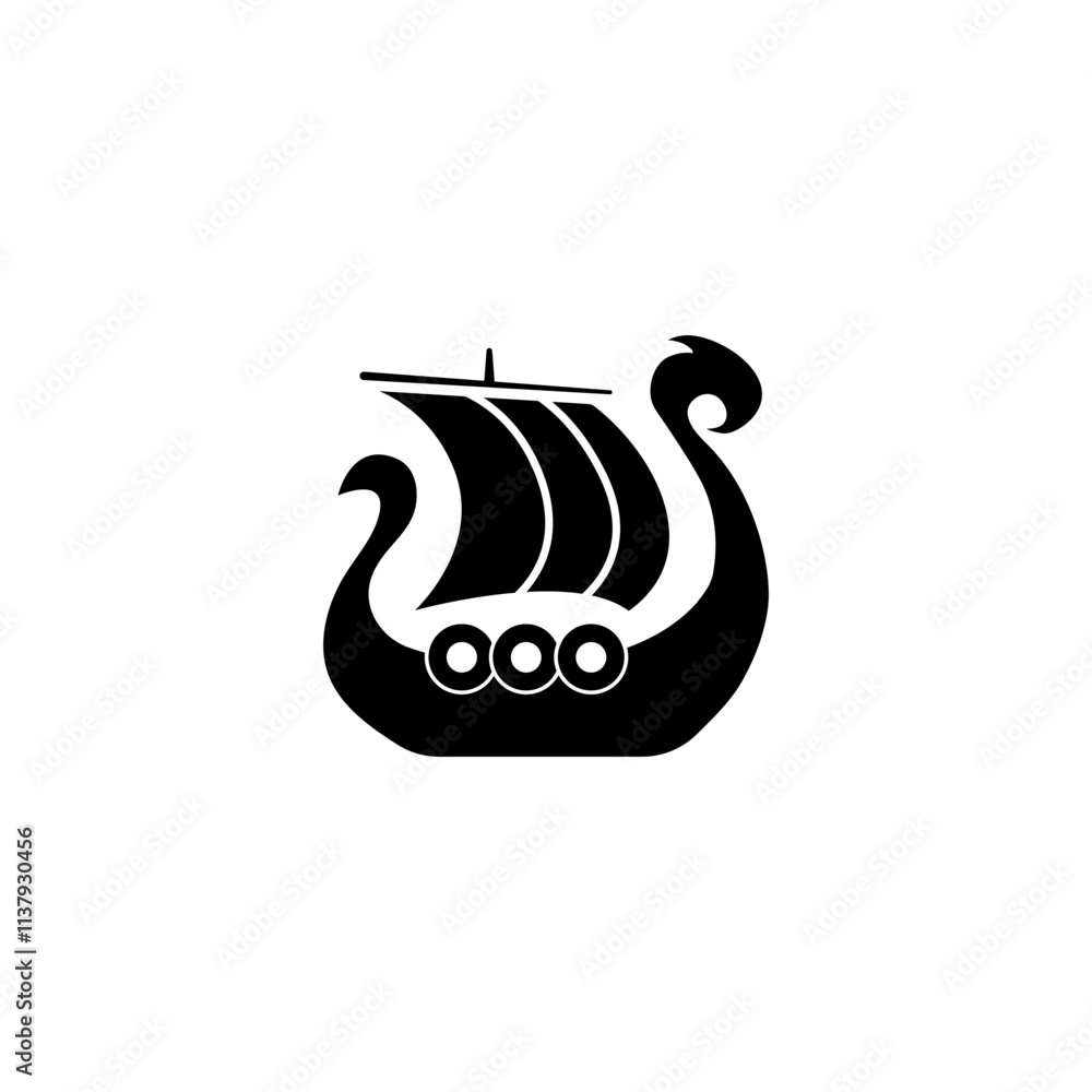 An antique Viking warship icon with detailed sail and shield elements, representing medieval Nordic culture, sea voyages, and mythology.