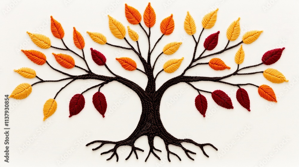 Embroidered Autumn Tree on White Background Embroidered Autumn Tree on White Background