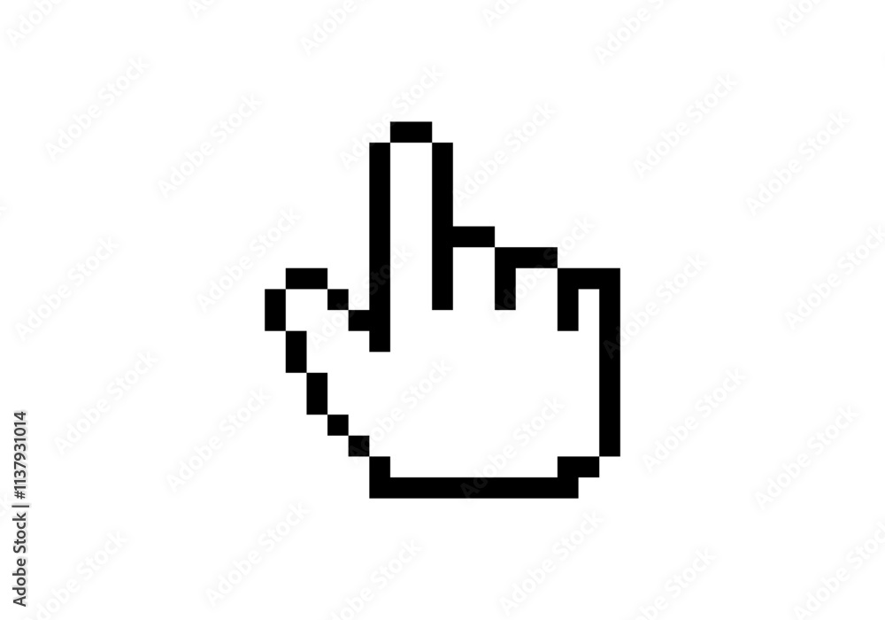 A digital, pixelated cursor hand symbol in black, displayed prominently on a white background. A digital, pixelated cursor hand symbol in black, displayed prominently on a white background.