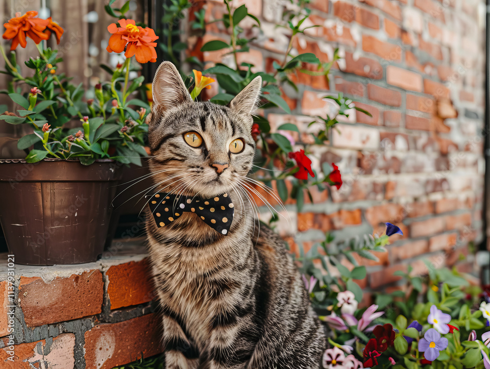 Charming photo portrait of a cat with a bow on its neck. Captures the theme of love and care for pets.