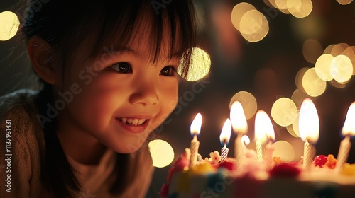Wallpaper Mural Adorable Girl Smiling at Birthday Cake with Lit Candles and Warm Bokeh Lights Torontodigital.ca