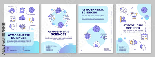 Atmospheric science blue circle brochure template. Weather forecast methods. Climate analyzing. Leaflet design with linear icons. Editable 4 vector layouts. Arial-Bold, Myriad Pro-Regular fonts used