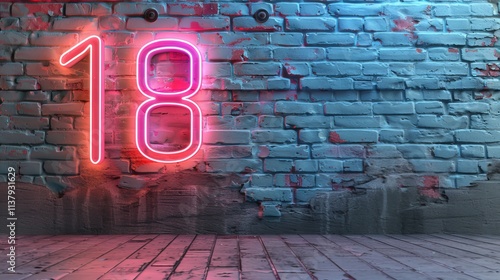 Vibrant neon number 18 and glowing illuminated number two in 3d on a dark background design photo