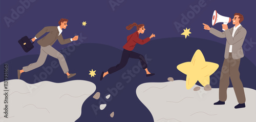 Man with megaphone hurries employees. Businessman cheers and raises morale of his colleagues. People running and jumping over precipice. Overcoming obstacles. Garish vector concept