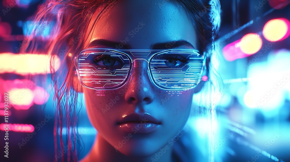 Abstract Neon Cyberpunk Portrait of a Woman with Futuristic Elements and Glowing Details Abstract Neon Cyberpunk Portrait of a Woman with Futuristic Elements and Glowing Details