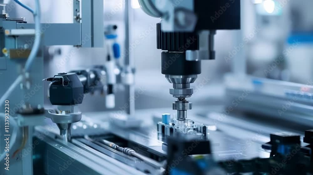 Robotic arm is picking and placing electronic components on a circuit board in a modern factory. The arm is moving with precision and speed Robotic arm is picking and placing electronic components on a circuit board in a modern factory. The arm is moving with precision and speed
