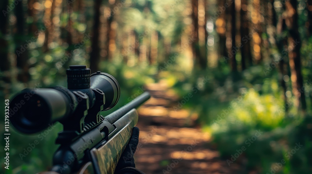 Hunter aiming rifle in forest, targeting, hunting, wildlife. Hunter aiming rifle in forest, targeting, hunting, wildlife.