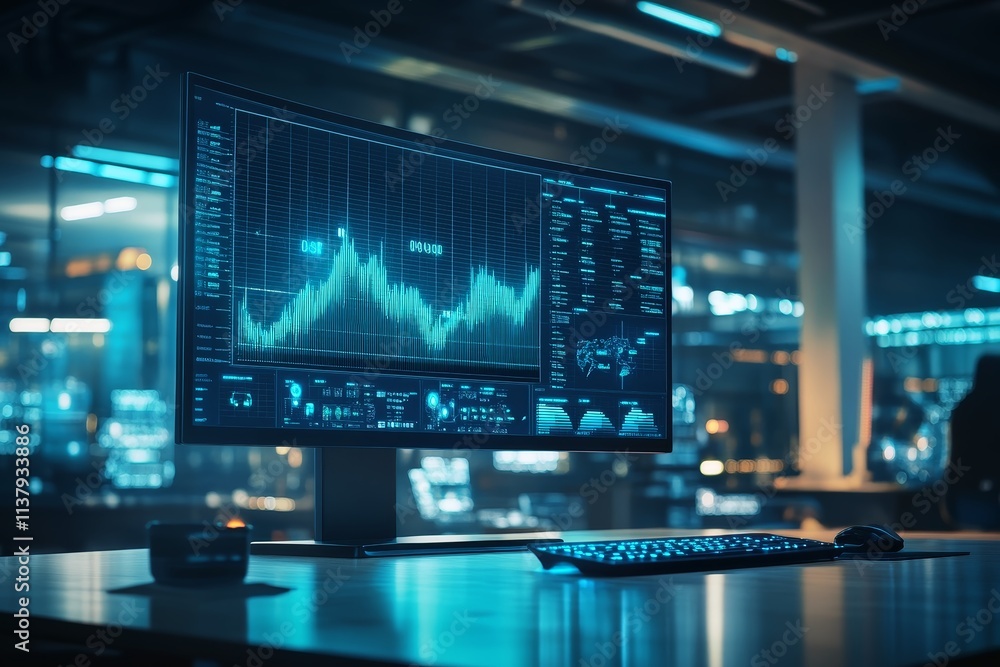 Business graph climbing steadily upward on a large monitor signaling growth and success. Business graph climbing steadily upward on a large monitor signaling growth and success.
