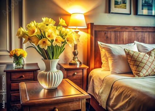 Vintage Hotel Room, Daffodils, Cozy Bedroom, Retro Interior, Spring Flowers, Sunny Room, Comfortable Stay, Elegant Hotel, Travel Photography
