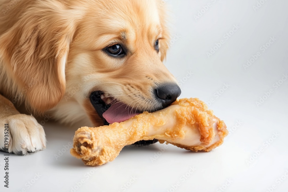 there is a fried chicken leg on a white background and the dog picks it up and eats it there is a fried chicken leg on a white background and the dog picks it up and eats it
