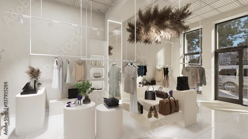Fashion boutique design featuring light tones, mirrors, stylish racks, and luxury clothing with modern interior details.