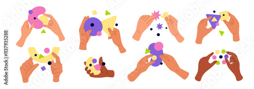 Hands holding colorful abstract shapes. Collecting puzzles. Geometric forms. Bright paper pieces. Arms making collage or applique. Jigsaw challenge. Logical thinking. Garish vector set