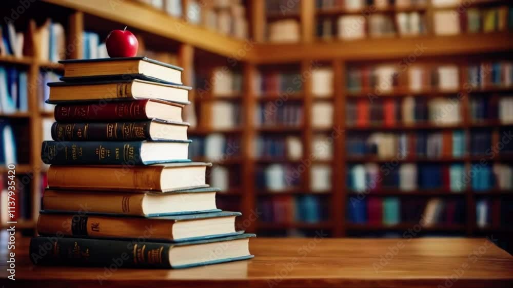 Book stack in the library and blurred bookshelf background for education. education background. back to school concept, 4k High-Quality Wallpaper Background Animation Video Book stack in the library and blurred bookshelf background for education. education background. back to school concept, 4k High-Quality Wallpaper Background Animation Video