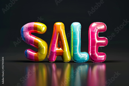 Bold colorful SALE in 3D on a black background, with playful design and reflection effect, rendered in high resolution. photo