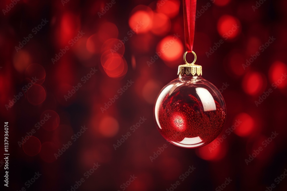 Fototapeta premium Elegant red christmas ornament hanging on a ribbon against a festive red bokeh background