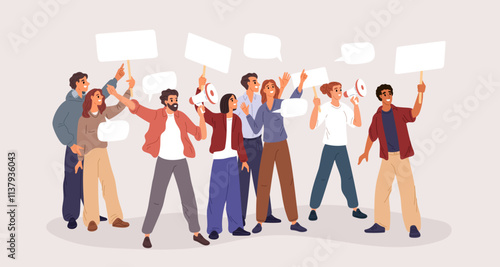 Group of protesters with megaphones. Loud election campaign support parade. Public speaking with loudspeakers. People team at demonstration. Activists picket. Garish vector concept