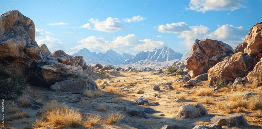 Obraz premium Rocky Desert Landscape with Snowy Mountain Range in the Background