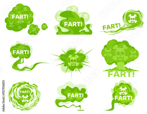 Green toxic fart. Stink smoke. Bad smelly acid clouds. Comic cartoon aroma puff with descriptions. Skull with bones. Poison evaporation. Rotten odor miasma. Deadly stench vapors vector set