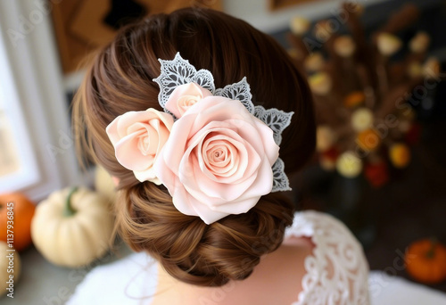 A beautifully styled braided updo adorned with delicate pink rose hair accessories, set in a warm and vibrant seasonal atmosphere. Perfect hairstyle inspiration for weddings, events, or elegant occasi photo