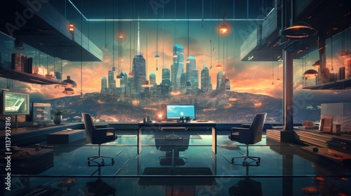 Modern Office with a Panoramic City View, High-Tech Interior Design