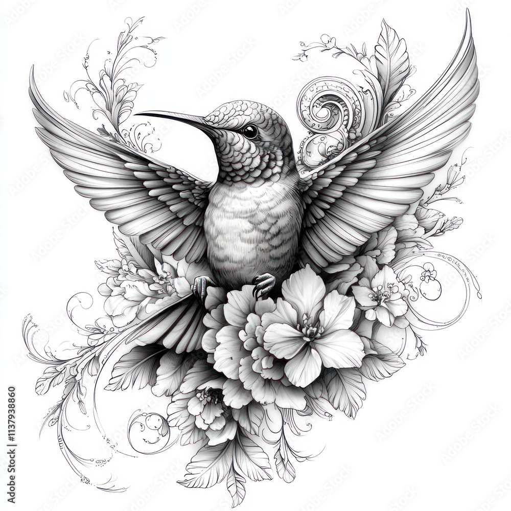 Fototapeta premium Monochrome hummingbird amidst floral swirls.