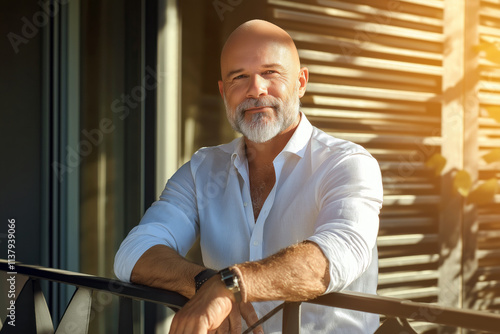 Mature bald man with a salt-and-pepper beard dressed in a smart-casual outfit, standing on a sunny balcony. photo