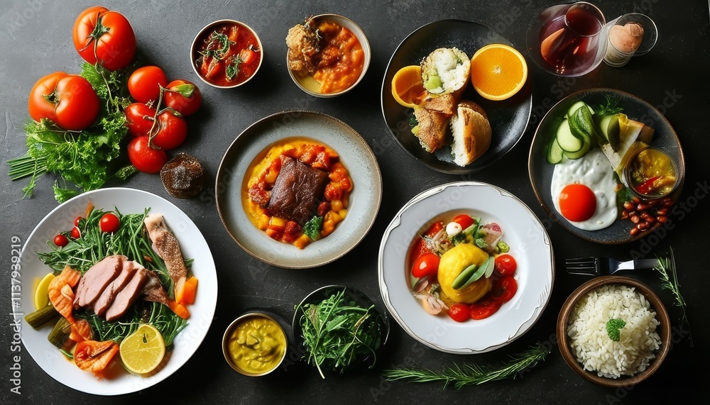 a large table with dishes of various delicious and beautiful dishes with various types of food piled on it. a large table with dishes of various delicious and beautiful dishes with various types of food piled on it.