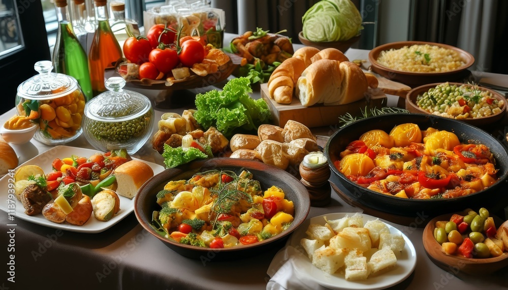 a large table with dishes of various delicious and beautiful dishes with various types of food piled on it. a large table with dishes of various delicious and beautiful dishes with various types of food piled on it.
