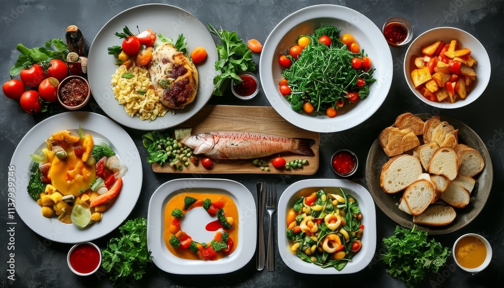 a large table with dishes of various delicious and beautiful dishes with various types of food piled on it. a large table with dishes of various delicious and beautiful dishes with various types of food piled on it.
