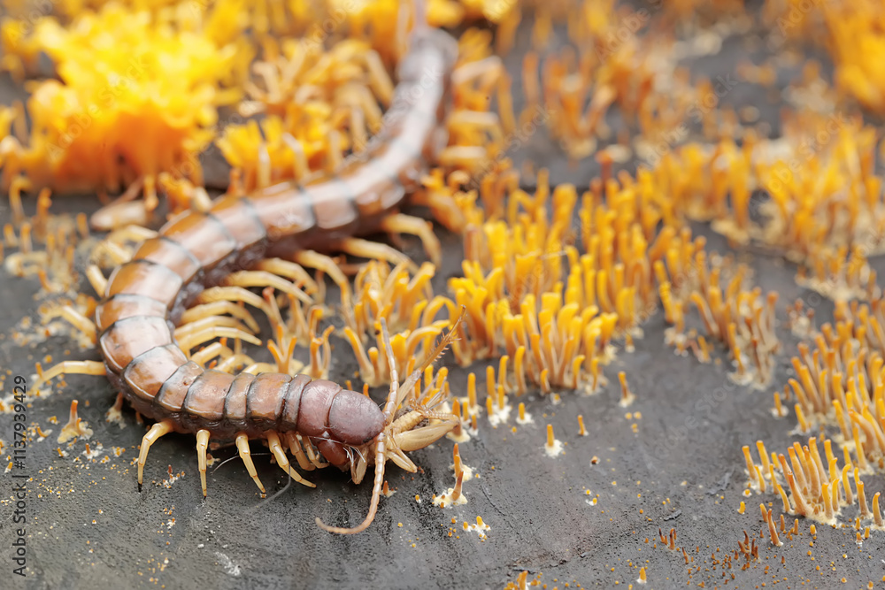 A centipede hunting small insects in between colonies of yellow staghorn mushrooms that thrive on rotten wood during the rainy season. This multi-legged animal has the scientific name Scolopendra mors A centipede hunting small insects in between colonies of yellow staghorn mushrooms that thrive on rotten wood during the rainy season. This multi-legged animal has the scientific name Scolopendra mors