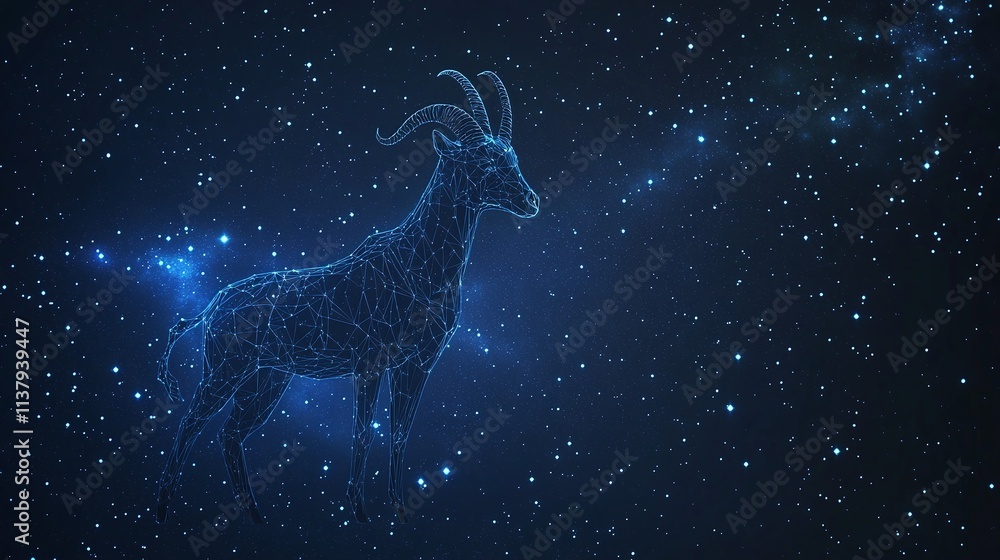 The Capricorn constellation highlighted in a night sky filled with shimmering stars, with a subtle silhouette of a goat The Capricorn constellation highlighted in a night sky filled with shimmering stars, with a subtle silhouette of a goat