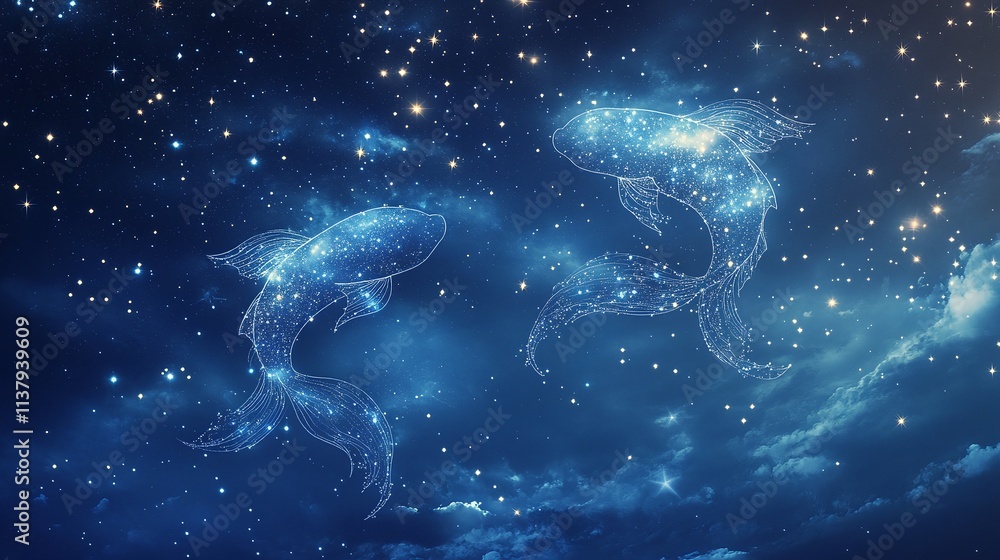A dreamy illustration of the Pisces constellation with twinkling stars and a gentle outline of two fish in a misty sky A dreamy illustration of the Pisces constellation with twinkling stars and a gentle outline of two fish in a misty sky