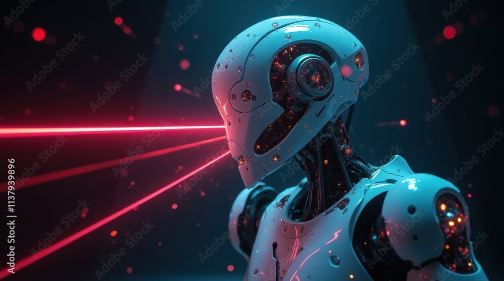 Futuristic Robot Under Colorful Laser Beams Futuristic Robot Under Colorful Laser Beams