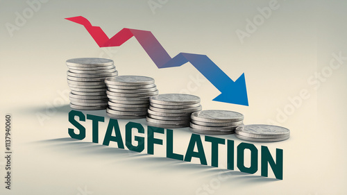 Stacked coins with downward arrow symbolizing stagflation  
