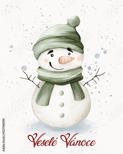 Charming retro watercolor Christmas card featuring a smiling snowman wishing happy holidays photo