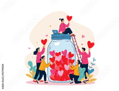 collect hearts jar charity donation generous social community love hope support digital art illustration