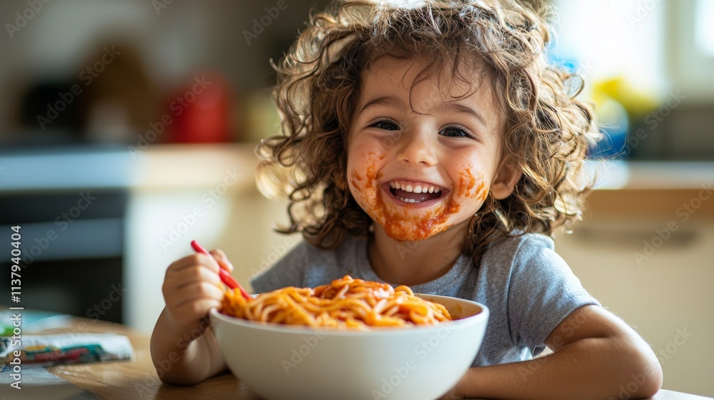 A young child happily eating a bowl of spaghetti at the kitchen table, with sauce on their face and a big smile, capturing the joy of mealtime A young child happily eating a bowl of spaghetti at the kitchen table, with sauce on their face and a big smile, capturing the joy of mealtime