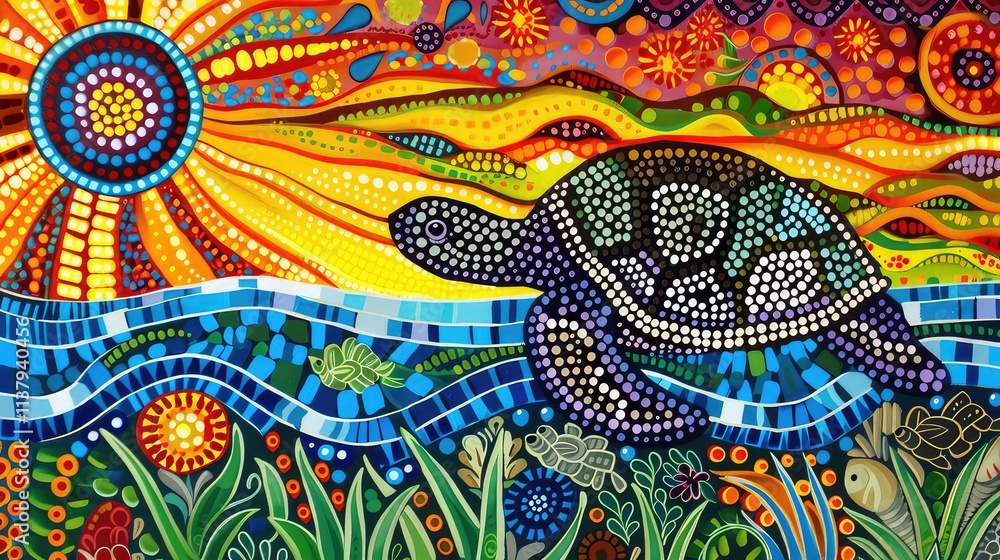 Australian Aboriginal dot painting style art, Generative AI Australian Aboriginal dot painting style art, Generative AI