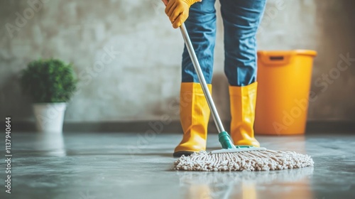 Cleaning service worker scrubbing the floor with a mop. photo