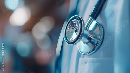 Detailed view of a doctor stethoscope pressed against a patient chest, the metallic sheen of the device contrasting